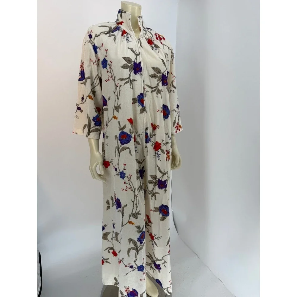 Vintage Floral Fleece Maxi Robe Zip Front Long Housecoat‎ Cream Blue Red XL